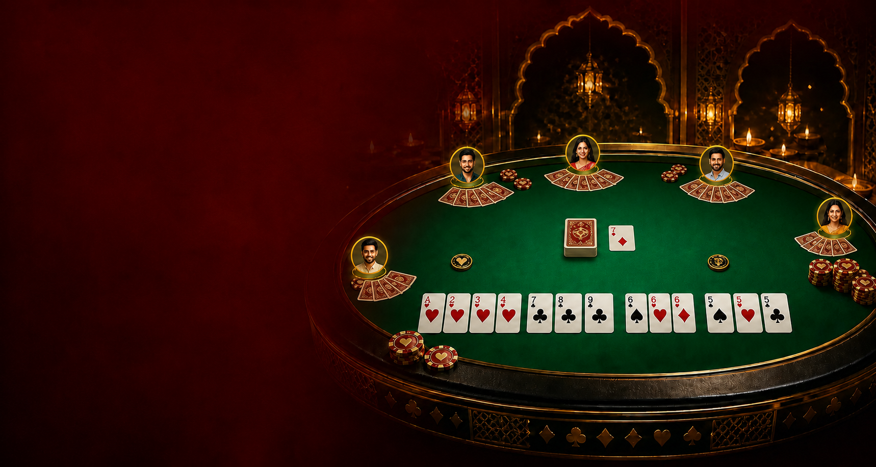 Live Master Rummy table with five players, individual hands, draw pile, discard card, chips and a valid 13-card hand