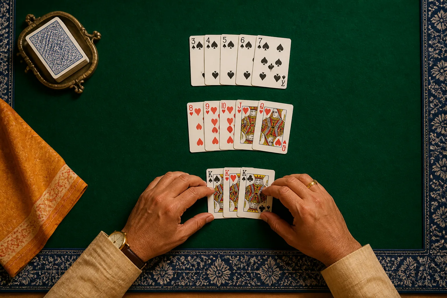 Indian Rummy cards arranged into sequences and a set on an emerald table