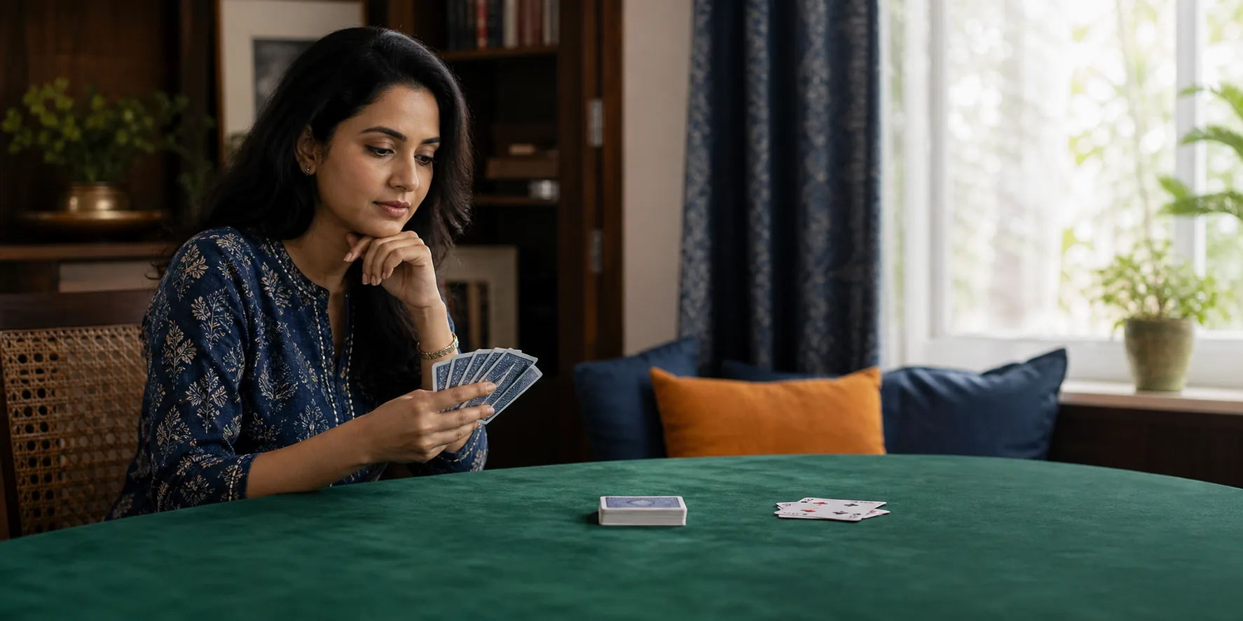 Indian woman thoughtfully studying her Rummy cards at a home table